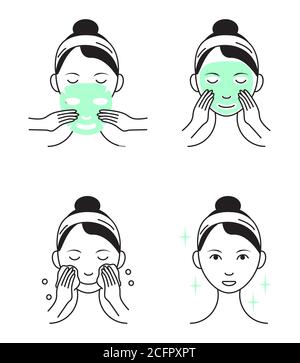 Foglio maschera facciale che applica il vettore. La ragazza mostra i punti come pulire, meritare faccia e usare la maschera cosmetica. Info-graphic nell'illustrazione dello stile del contorno Illustrazione Vettoriale