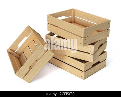 Casse di legno impilate isolate su sfondo bianco rendering 3d Foto Stock