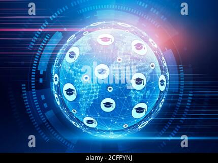 Concetto di e-learning. Illustrazione creativa del globo digitale con la rete delle icone del cappuccio di graduazione Foto Stock