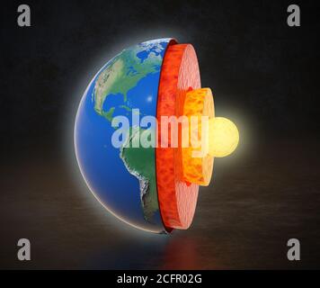 Struttura centrale terrestre con rendering 3d a strati geologici Foto Stock