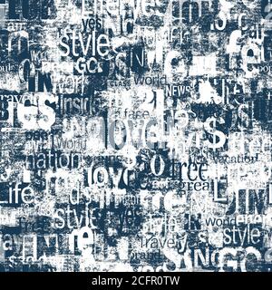 Astratto grunge parole geometriche urbane, lettere modello senza giunture. Giornale invecchiato, sfondo di carta testurizzata della rivista. Collage bianco blu con testo ripetuto Foto Stock