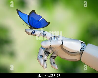 Butterfly su mano robot, tecnologia e natura 3d rendering Foto Stock