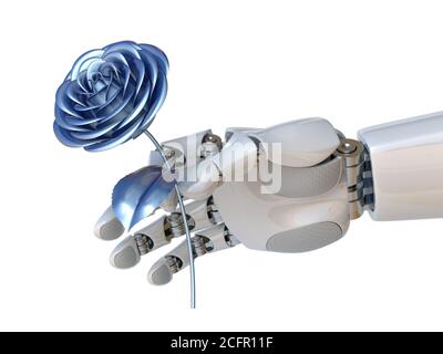 Robot che tiene in mano il rendering 3D artificiale della rosa Foto Stock