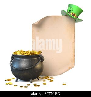 Banner del giorno di San Patrizio, vecchia pergamena, cappello irlandese verde con foglia di trifoglio shamrock, pentola piena di illustrazione 3D oro Foto Stock