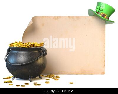 Banner del giorno di San Patrizio, vecchia pergamena, cappello irlandese verde con foglia di trifoglio shamrock, pentola piena di illustrazione 3D oro Foto Stock