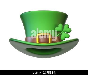Cappello verde di San Patrizio con trifoglio a quattro foglie isolato su sfondo bianco rendering 3d Foto Stock