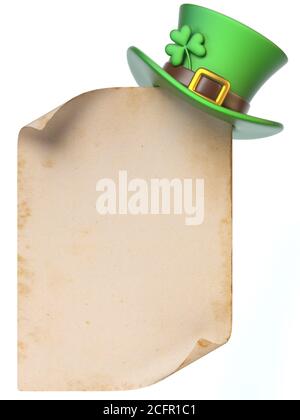 Bandiera del giorno di San Patrizio, vecchia pergamena, cappello irlandese verde con foglia di trifoglio shamrock illustrazione 3d Foto Stock