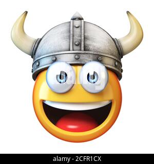 Viking emoji isolato su sfondo bianco, emoticon indossando il rendering 3d casco Viking Foto Stock