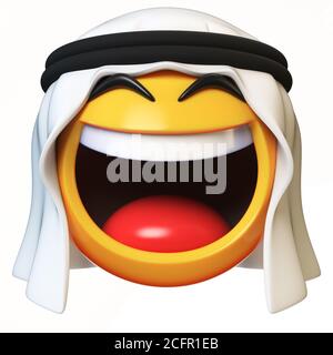 Arab emoji isolato su sfondo bianco, lol Arabian face emoticon rendering 3d Foto Stock