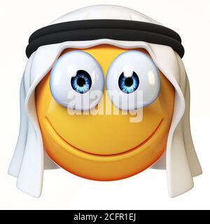 Arab emoji isolato su sfondo bianco, sorridente Arabian Face emoticon rendering 3d Foto Stock