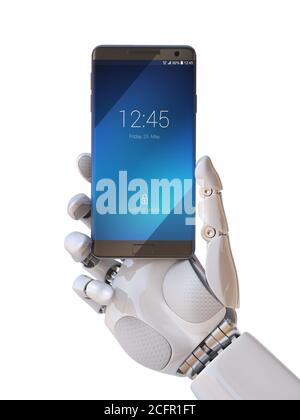 Robot che tiene in mano lo smartphone rendering 3d Foto Stock