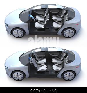 Auto a guida autonoma 3D Concept, veicolo autonomo con sedili rotanti, rendering 3d dell'auto elettrica Foto Stock