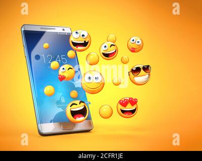 Emoticon intorno al telefono cellulare, messaggistica smartphone con rendering 3d delle emoticon Foto Stock