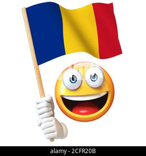 Emoji con bandiera rumena, emoticon con bandiera nazionale della Romania rendering 3d Foto Stock