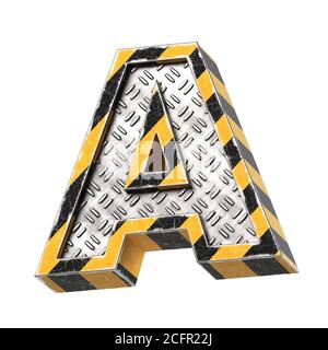 Carattere metallico a strisce nero e giallo industriale, rendering 3d, lettera A. Foto Stock