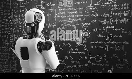 Thinking ai humanoid robot analisi schermo di matematica formula e. scienza Foto Stock