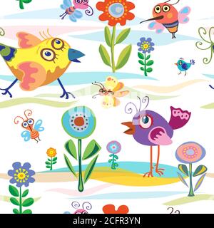 uccello, piccolo, estate, primavera, vettore, modello, senza giunture, stilizzato, convenzionalizzato, fiore selvatico, umore, blu, decorativo, ornamentale, alberi, ricci, ala Illustrazione Vettoriale