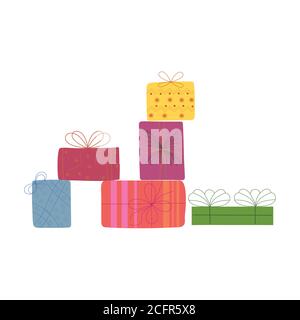 Big pile of colorful wrapped gift boxes. Lots of presents. Illustrazione Vettoriale