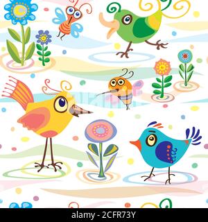 uccello, piccolo, estate, primavera, vettore, modello, senza giunture, stilizzato, convenzionalizzato, fiore selvatico, umore, blu, decorativo, ornamentale, alberi, ricci, ala Illustrazione Vettoriale