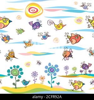 uccello, piccolo, estate, primavera, vettore, modello, senza giunture, stilizzato, convenzionato, fiore selvatico, umore, blu, decorativo, ornamentale, alberi, ricci Illustrazione Vettoriale