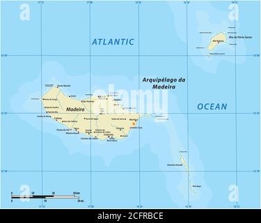 Mappa vettoriale dell'arcipelago portoghese Madera nell'Oceano Atlantico, Portogallo Illustrazione Vettoriale