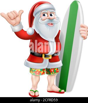 Surf Santa Shaka mano Cartoon Natale Illustrazione Vettoriale