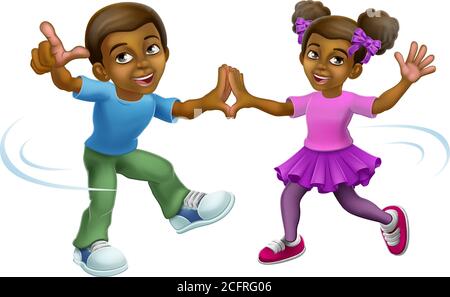 Black Girl e Boy Cartoon Kid Bambini Dancing Illustrazione Vettoriale