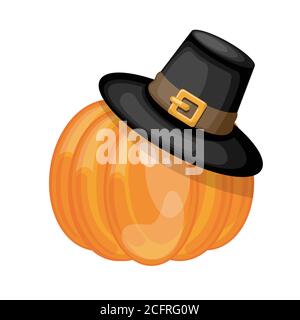 Zucca cartoon con cappello pellegrini. Illustrazione vettoriale cartoon. Illustrazione Vettoriale