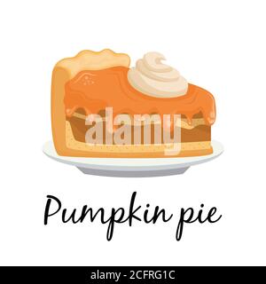 Pezzo di torta di zucca del cartone animato sul piatto. Illustrazione vettoriale per la festa del Ringraziamento Illustrazione Vettoriale