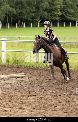 Jockey ragazza in pieno galoppo equitazione cavalcando prendendo un turno sul paddock Foto Stock