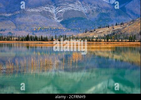 Un'immagine riflessiva ravvicinata delle montagne rocciose del lago Talbot con colori autunnali nel Jasper National Park Alberta Canada. Foto Stock