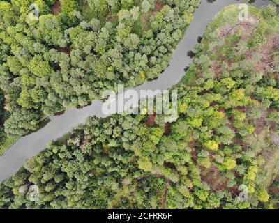 Foto aerea di casa barca a Woblitz, Himmelpfort, Germania Foto Stock