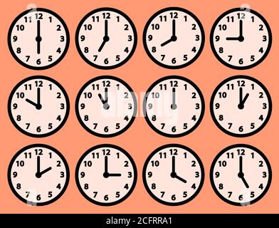 Le icone dell'orologio sono impostate con un'ora diversa. Quadrante rotondo con le mani e i numeri di ora e minuti. Illustrazioni vettoriali isolate. Illustrazione Vettoriale