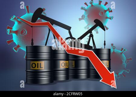 Il crollo del mercato e della borsa a causa del coronavirus covid-19. Collage da barili di petrolio, pompe di olio e cellule di coronavirus su b blu Foto Stock