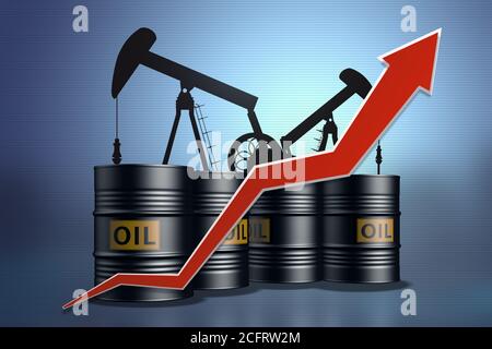 Collage da pompe dell'olio e barili dell'olio con una freccia rossa rivolta verso l'alto. Aumento dei prezzi del petrolio. Foto Stock