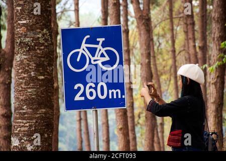 Viaggiatori viaggio donne thailandesi visita e scatta foto tra Tour al lago Pang Ung nel parco forestale di Pang Oung O la Svizzera della Thailandia in cinese Foto Stock