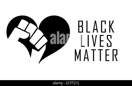 Pugno bianco attaccato ad un cuore nero, accanto al testo Black Lives Matter, su sfondo bianco, come simbolo dei diritti civili degli afroamericani Foto Stock