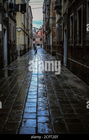 Atmosfera intorno al Festival Internazionale del Cinema di Venezia lunedì 7 settembre 2020 ai Giardini della Biennale di Venezia. Un uomo che cammina per le strade bagnate. Foto di Julie Edwards. Foto Stock