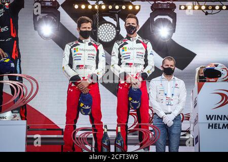 17 OGIER Sebastien (fra), INGRASSIA Julien (fra), Toyota Yaris WRC, Toyota Gazoo Racing WRT, podio, ritratto durante il Rally Estonia 2020, 4° round Foto Stock