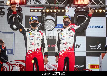 17 OGIER Sebastien (fra), INGRASSIA Julien (fra), Toyota Yaris WRC, Toyota Gazoo Racing WRT, podio, ritratto durante il Rally Estonia 2020, 4° round Foto Stock