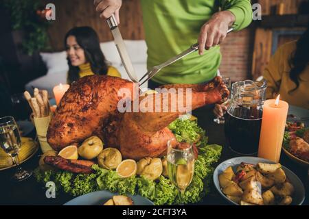 Vista ravvicinata del ritratto di una bella adorabile e attenta degustazione di famiglia gustosi piatti locali yummy pranzo pranzo pranzo taglio tacchino raccolto Foto Stock