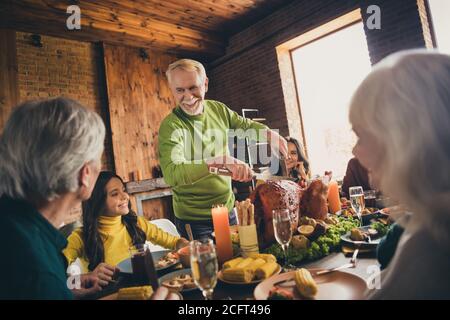 Ritratto di bella attraente adorabile attento allegro riunione di famiglia mangiare piatti gustosi locali yummy taglio tacchino raccolto celebrazione giorno personalizzato Foto Stock