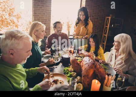 Ritratto di bella attraente affettuoso attento adorabile allegro famiglia mangiare gustosi piatti yummy fatti in casa tacchino autunno stagione vendemmia festa Foto Stock