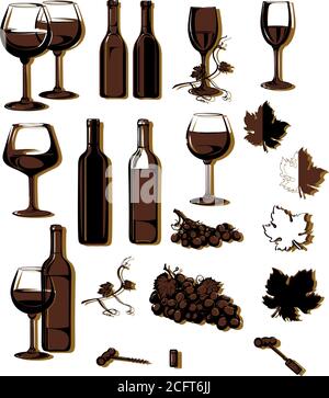 Vino, immagine vocale del vino, bottiglie di vino, grappolo di uve, vettore, immagine, isolato, calice, verricello, bottiglia, sughero, tappo, inceppamento, vite, uva Illustrazione Vettoriale