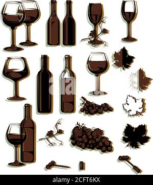 Vino, immagine vocale del vino, bottiglie di vino, grappolo di uve, vettore, immagine, isolato, calice, verricello, bottiglia, sughero, tappo, inceppamento, vite, uva Illustrazione Vettoriale