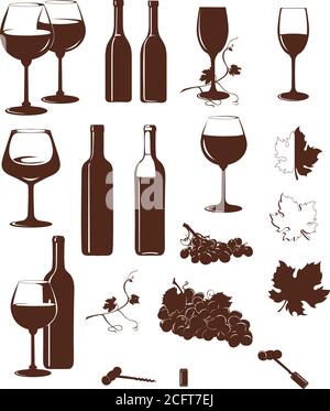 Vino, immagine vocale del vino, bottiglie di vino, grappolo di uve, vettore, immagine, isolato, calice, verricello, bottiglia, sughero, tappo, inceppamento, vite, uva Illustrazione Vettoriale