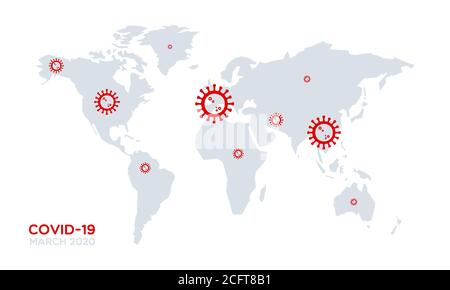 Mappa del mondo di Covid-19. Situazione di malattia di coronavirus. Marzo 2020. Pandemia globale. Illustrazione vettoriale, design piatto Illustrazione Vettoriale