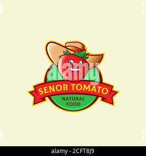 Simbolo vettoriale, simbolo o modello logo per astratto di senor Tomato. Divertente sorriso spagnolo uomo baffi viso in un cappello. Tipografia retro Naturale o vegetale Illustrazione Vettoriale