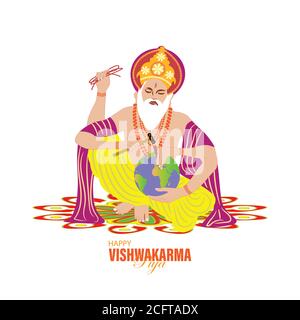 Vishwakarma Dio degli Indù, che si ritiene essere l'architetto dell'universo. Un banner per Vishwakarma Puja. Illustrazione vettoriale. Illustrazione Vettoriale