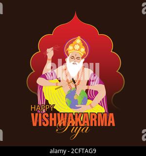 Vishwakarma Dio degli Indù, che si ritiene essere l'architetto dell'universo. Un banner per Vishwakarma Puja. Illustrazione vettoriale. Illustrazione Vettoriale